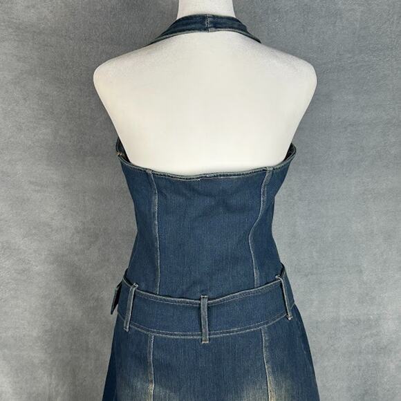 Halara Dress Womens Medium Blue Flex Denim Halter Mini Festival Country Concert - Picture 4 of 12